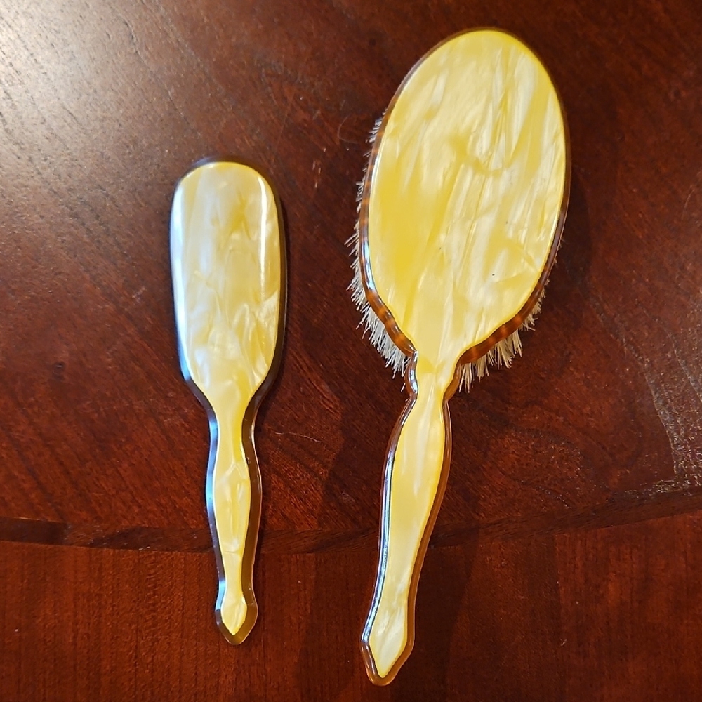 Vintage Art Deco Celluloid Vanity Brush Set Pearlescent Golden Amber 2 Pc